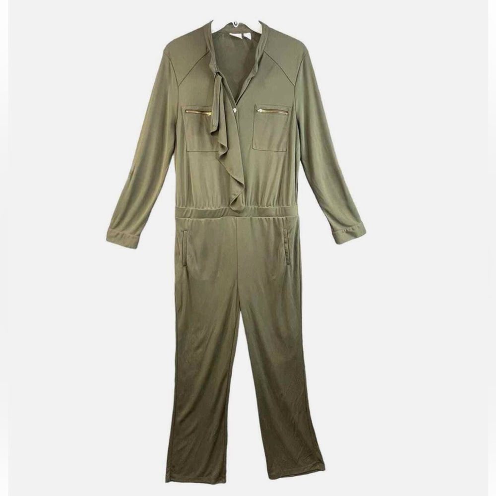 CHICO’s Women’s size 3 (L/XL) Utility Olive Green Jumpsuit w/Ruffle